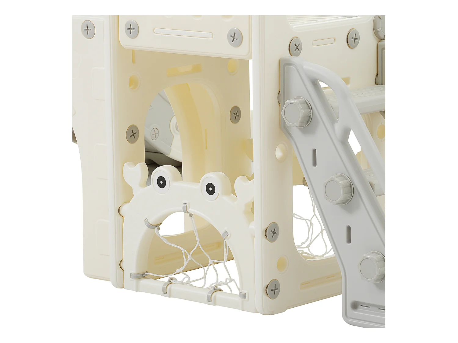 Aire de jeux 8 en 1 motif marin avec double toboggan, tunnel en arc, panier de basket, télescope et structure d’escalade.