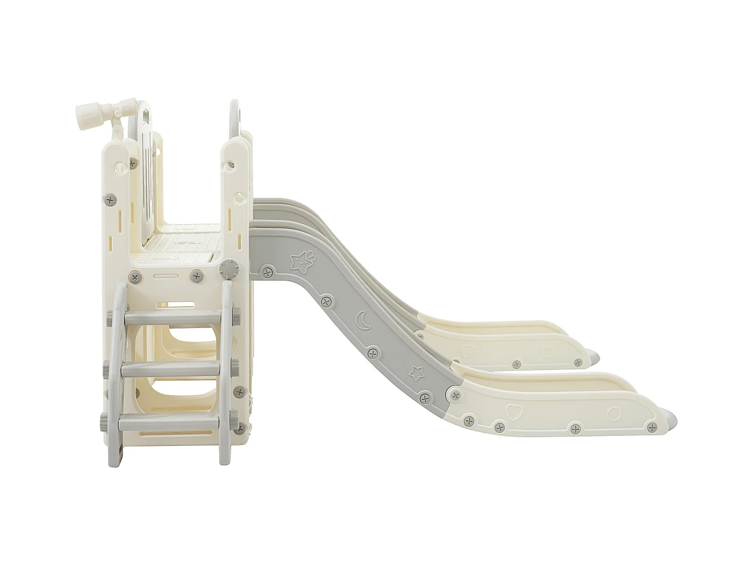 Aire de jeux 8 en 1 motif marin avec double toboggan, tunnel en arc, panier de basket, télescope et structure d’escalade.