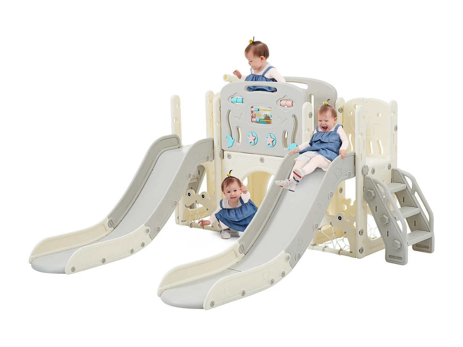 8-in-1 speeltuin met maritiem thema, dubbele glijbaan, boogtunnel, basketbalring, telescoop en klimrek.