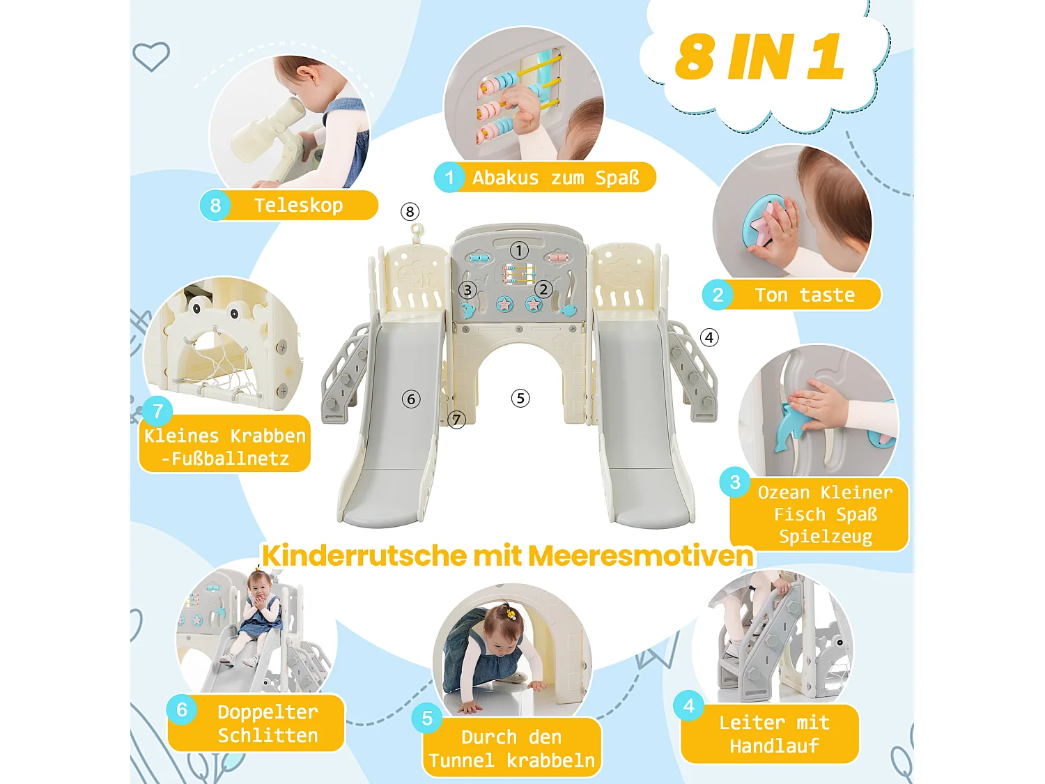 8-in-1 speeltuin met maritiem thema, dubbele glijbaan, boogtunnel, basketbalring, telescoop en klimrek.