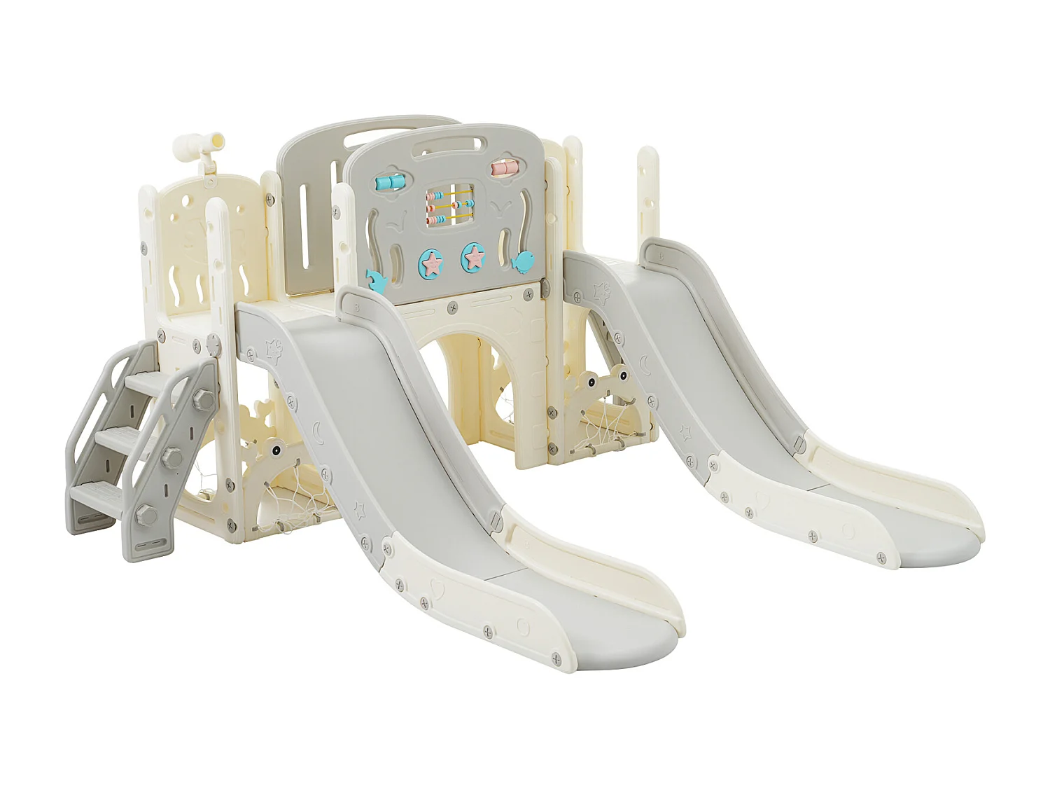 8-in-1 speeltuin met maritiem thema, dubbele glijbaan, boogtunnel, basketbalring, telescoop en klimrek.