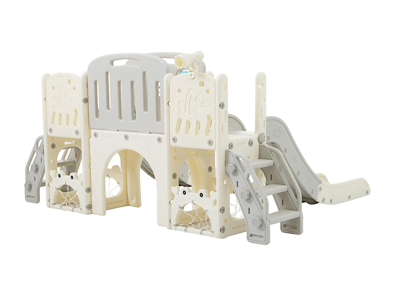 8-in-1 speeltuin met maritiem thema, dubbele glijbaan, boogtunnel, basketbalring, telescoop en klimrek.