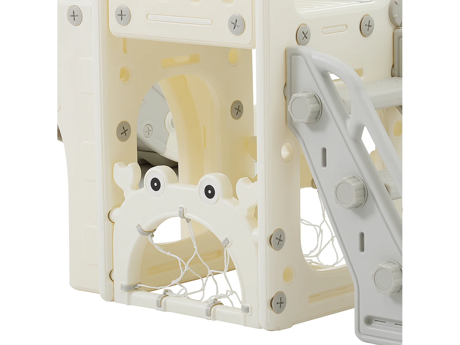 8-in-1 speeltuin met maritiem thema, dubbele glijbaan, boogtunnel, basketbalring, telescoop en klimrek.