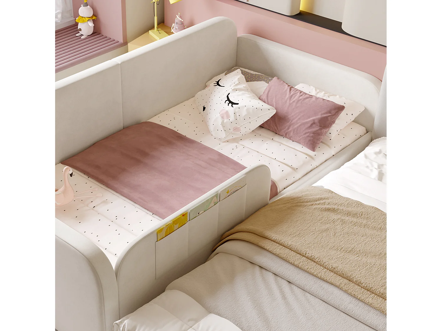 Kinderbed 90x200cm met 2 lades en geïntegreerde veiligheidsrails, witte fluwelen stof, lattenbodem, zonder matras