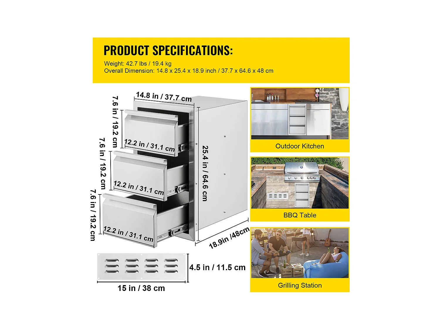 Tiroir à Triple Accès SucceBuy, à 3 Espaces de Tiroirs de Rangement en Acier Inoxydable, 38x48x65 cm, pour Cuisiner à l'Extérieur Faire, Barbecue Ranger