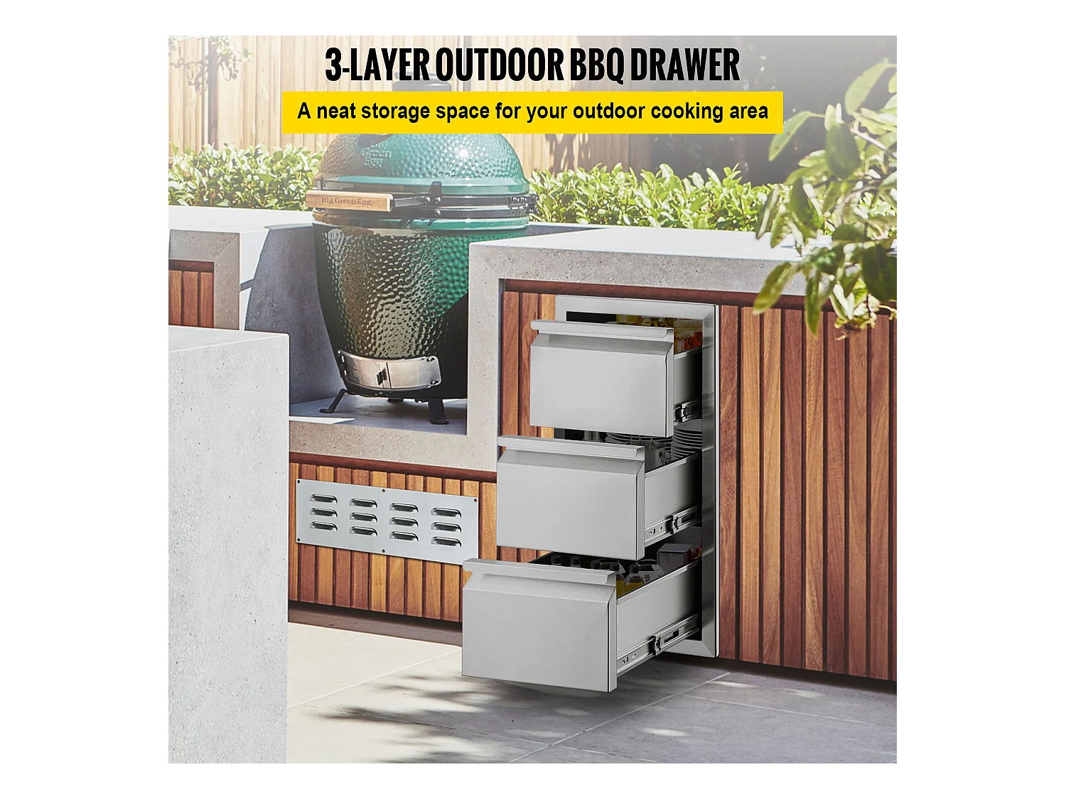 Tiroir à Triple Accès SucceBuy, à 3 Espaces de Tiroirs de Rangement en Acier Inoxydable, 38x48x65 cm, pour Cuisiner à l'Extérieur Faire, Barbecue Ranger