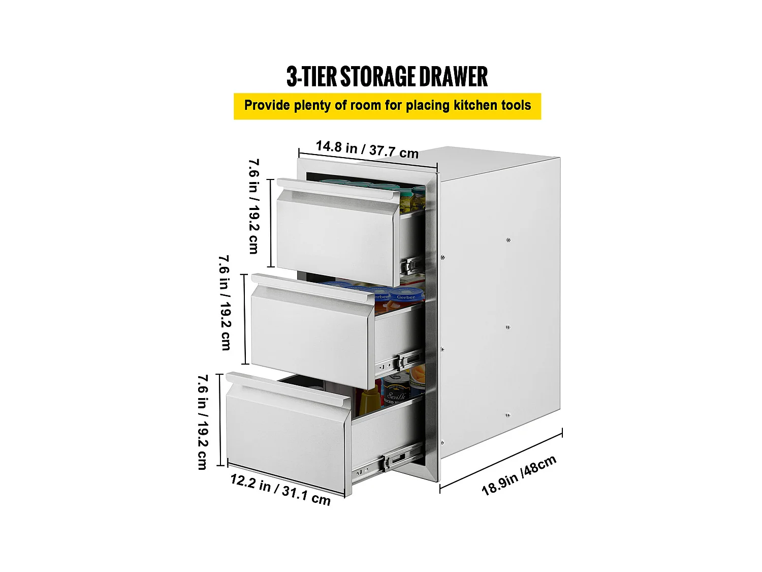 Tiroir à Triple Accès SucceBuy, à 3 Espaces de Tiroirs de Rangement en Acier Inoxydable, 38x48x65 cm, pour Cuisiner à l'Extérieur Faire, Barbecue Ranger