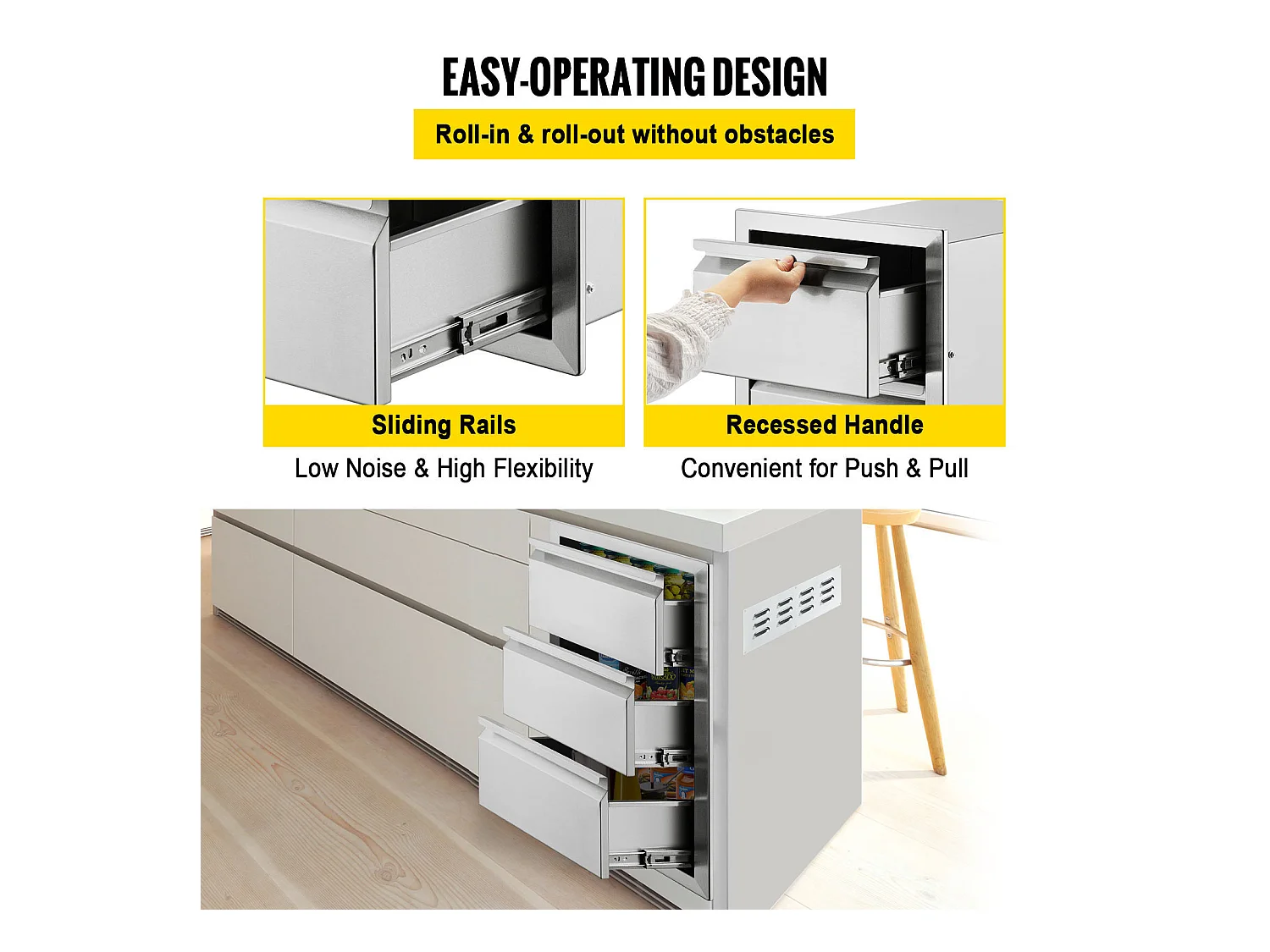 Tiroir à Triple Accès SucceBuy, à 3 Espaces de Tiroirs de Rangement en Acier Inoxydable, 38x48x65 cm, pour Cuisiner à l'Extérieur Faire, Barbecue Ranger