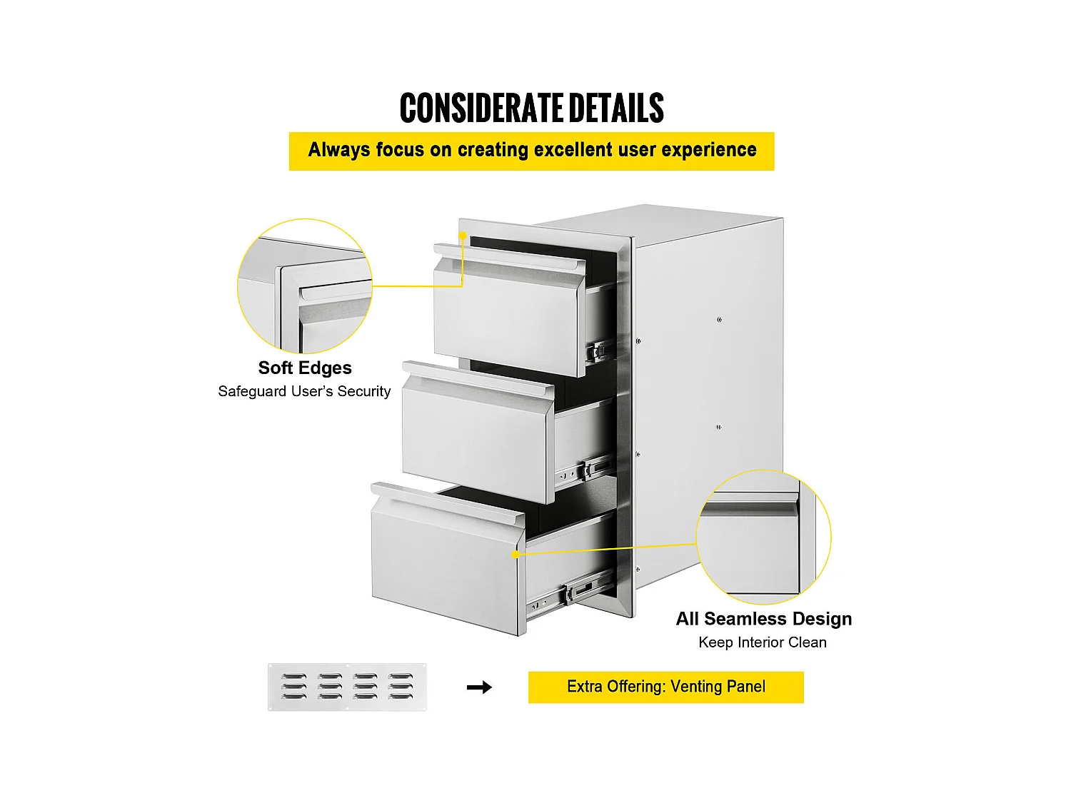 Tiroir à Triple Accès SucceBuy, à 3 Espaces de Tiroirs de Rangement en Acier Inoxydable, 38x48x65 cm, pour Cuisiner à l'Extérieur Faire, Barbecue Ranger