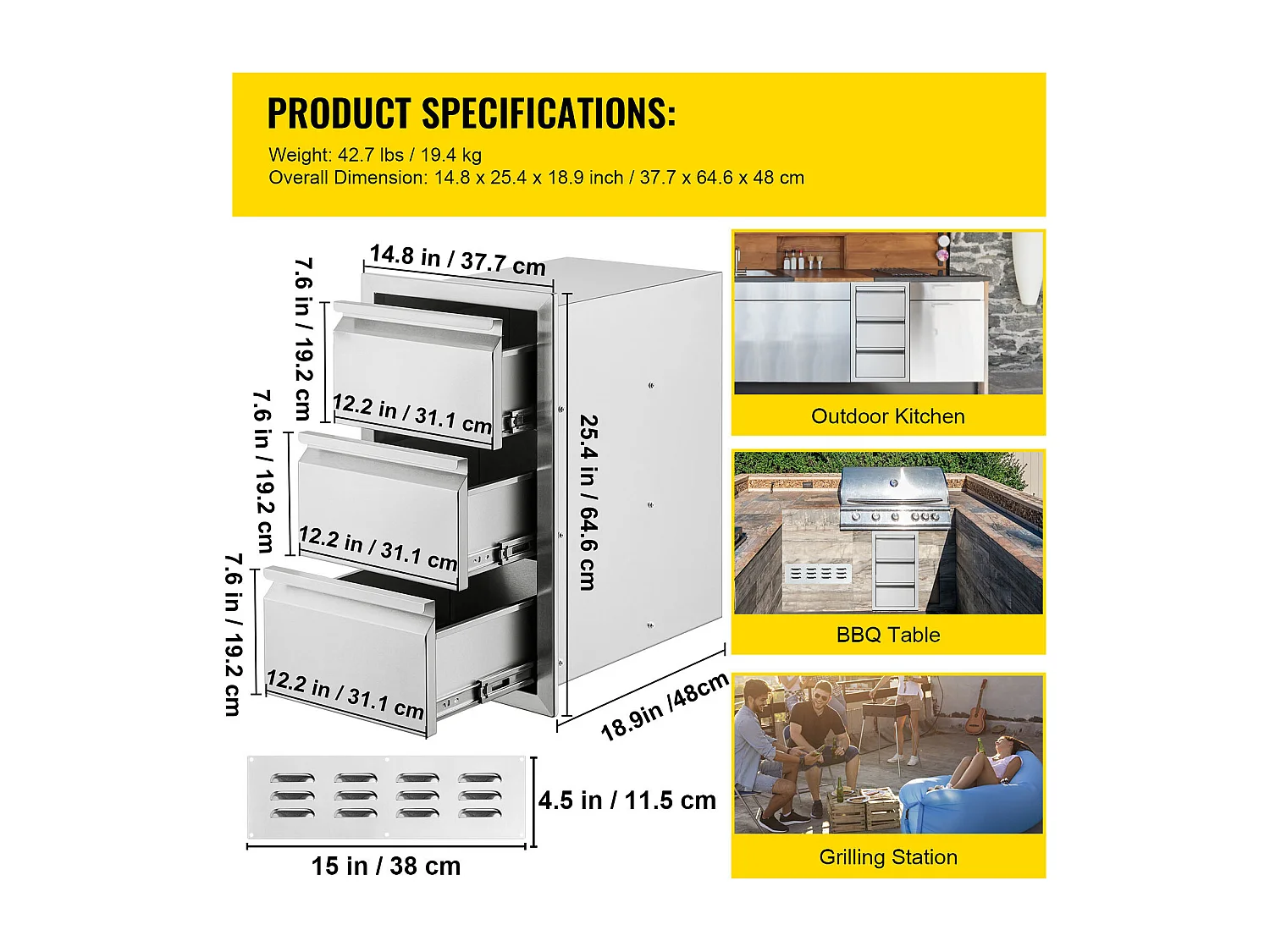 Tiroir à Triple Accès SucceBuy, à 3 Espaces de Tiroirs de Rangement en Acier Inoxydable, 38x48x65 cm, pour Cuisiner à l'Extérieur Faire, Barbecue Ranger