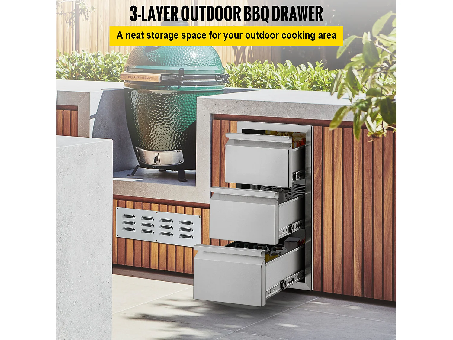 Tiroir à Triple Accès SucceBuy, à 3 Espaces de Tiroirs de Rangement en Acier Inoxydable, 38x48x65 cm, pour Cuisiner à l'Extérieur Faire, Barbecue Ranger