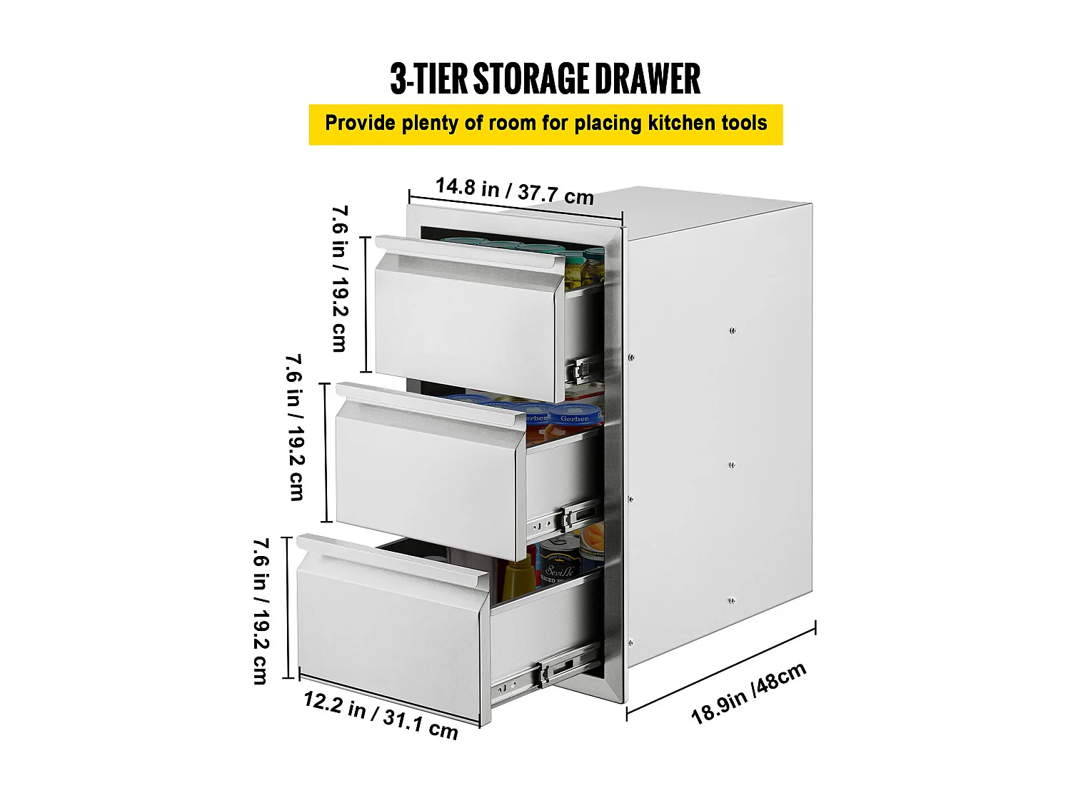 Tiroir à Triple Accès SucceBuy, à 3 Espaces de Tiroirs de Rangement en Acier Inoxydable, 38x48x65 cm, pour Cuisiner à l'Extérieur Faire, Barbecue Ranger