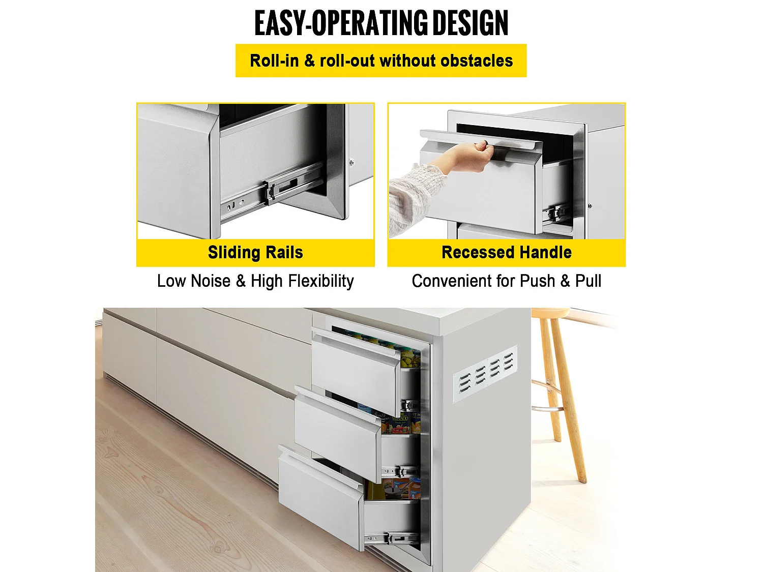 Tiroir à Triple Accès SucceBuy, à 3 Espaces de Tiroirs de Rangement en Acier Inoxydable, 38x48x65 cm, pour Cuisiner à l'Extérieur Faire, Barbecue Ranger