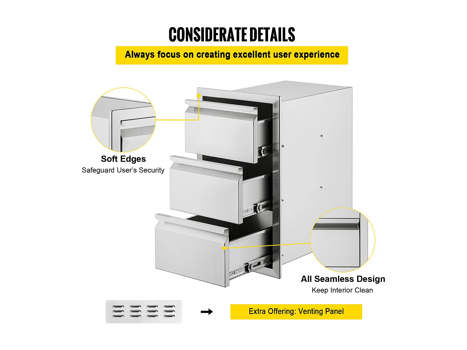 Tiroir à Triple Accès SucceBuy, à 3 Espaces de Tiroirs de Rangement en Acier Inoxydable, 38x48x65 cm, pour Cuisiner à l'Extérieur Faire, Barbecue Ranger