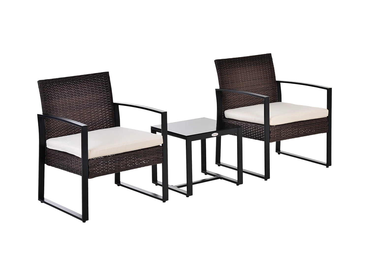 Ensemble de jardin 1 table basse et 2 fauteuils, cadre en métal et rotin,coussins inclus, noir et marron