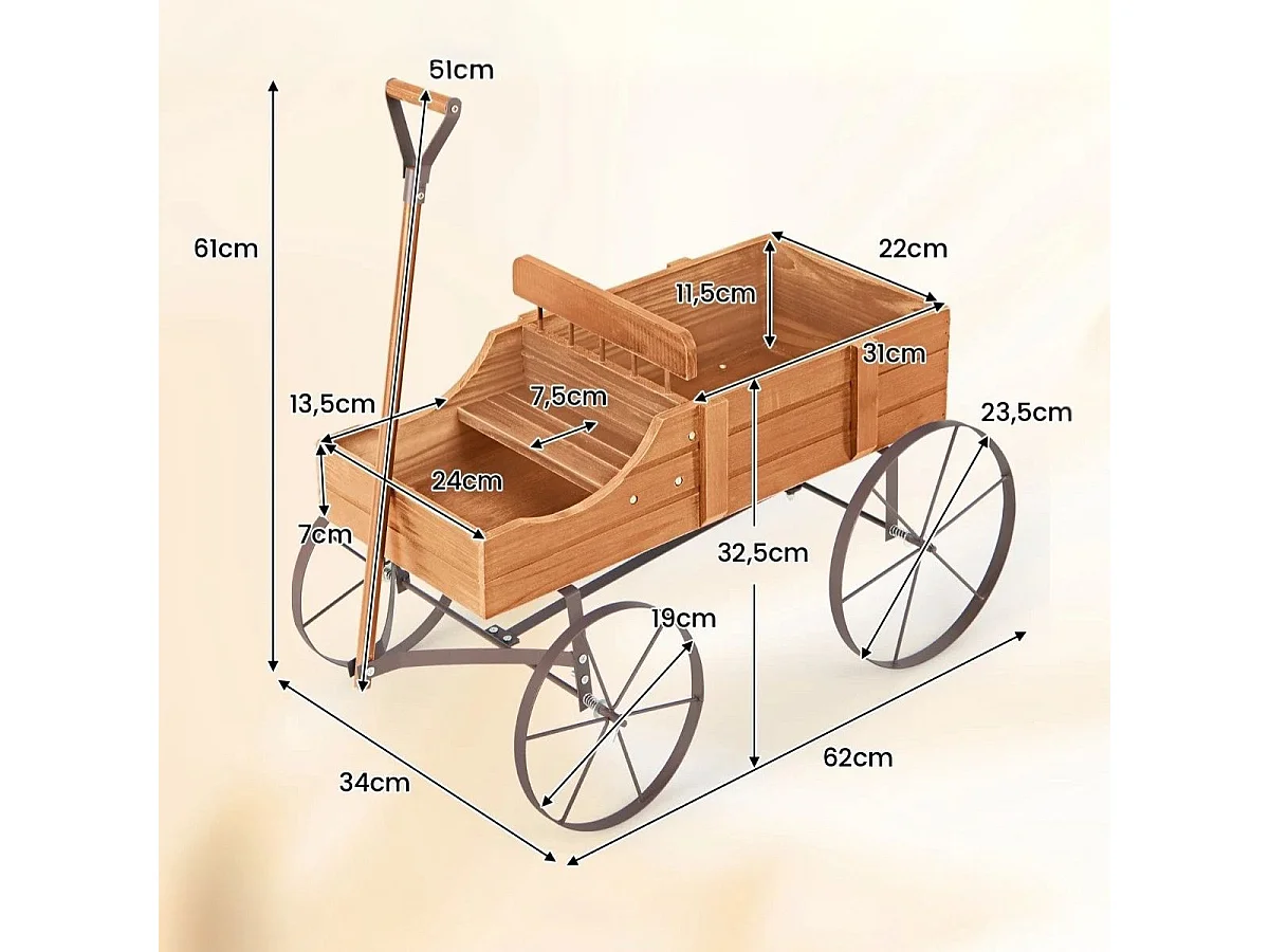 Brouette Décorative en Bois avec 2 Compartiments à Planter Jardinière avec Roues Métalliques et Poignée à l'avant Charge 15kg Orange