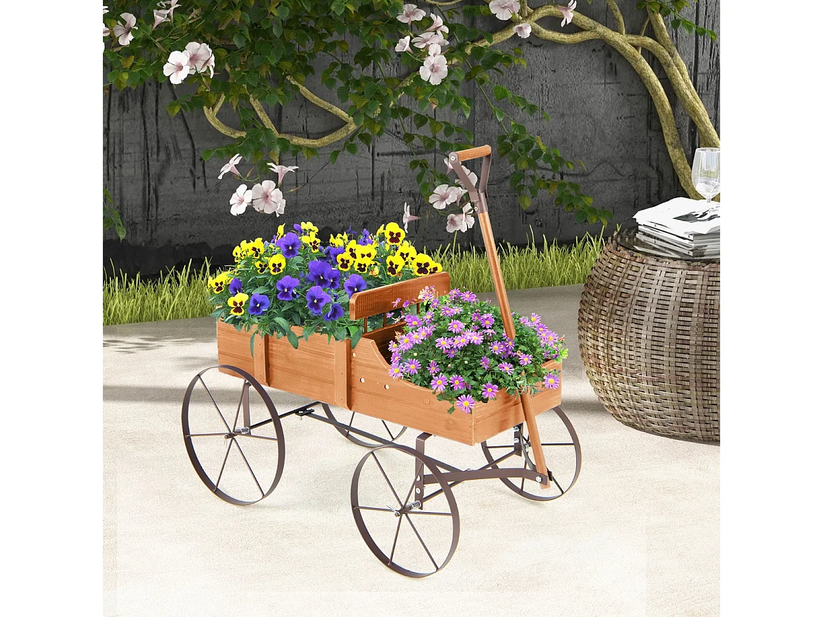 Brouette Décorative en Bois avec 2 Compartiments à Planter Jardinière avec Roues Métalliques et Poignée à l'avant Charge 15kg Orange