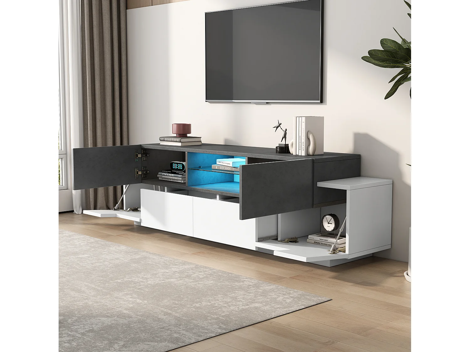 Meuble TV 180x40x45cm avec 4 portes et 2 tiroirs, LED inclus, plateau en placage béton gris, blanc