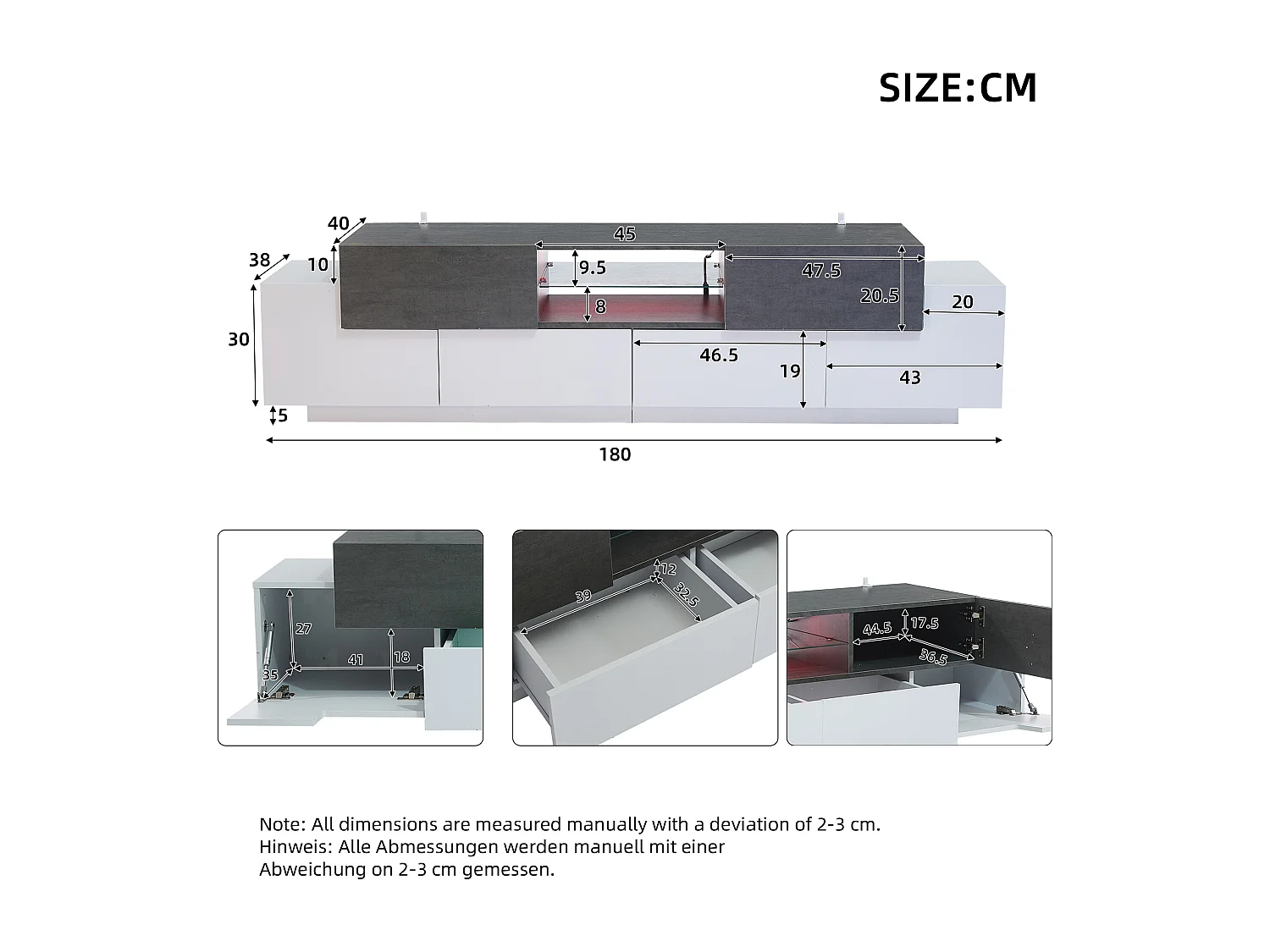 Meuble TV 180x40x45cm avec 4 portes et 2 tiroirs, LED inclus, plateau en placage béton gris, blanc
