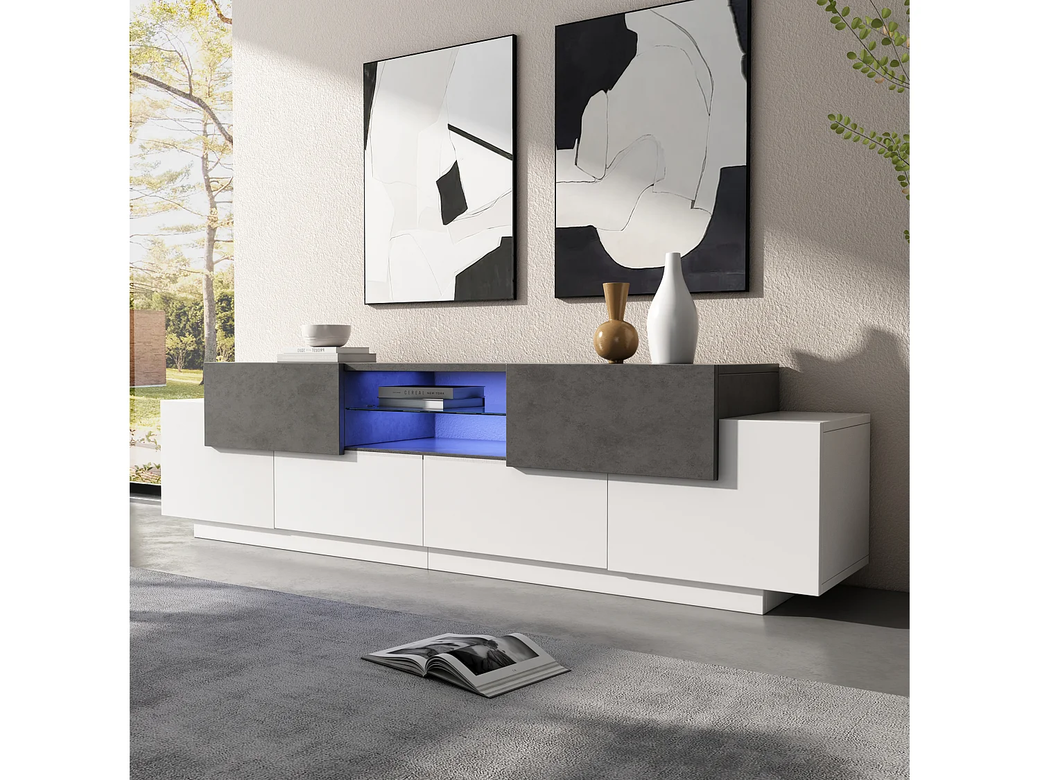 Meuble TV 180x40x45cm avec 4 portes et 2 tiroirs, LED inclus, plateau en placage béton gris, blanc
