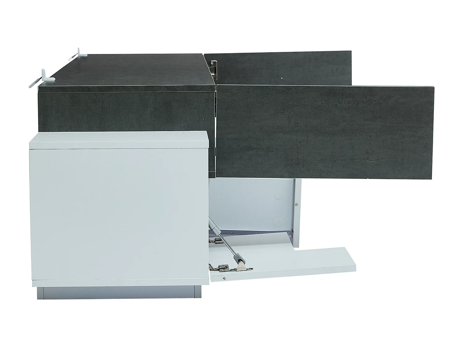 Meuble TV 180x40x45cm avec 4 portes et 2 tiroirs, LED inclus, plateau en placage béton gris, blanc