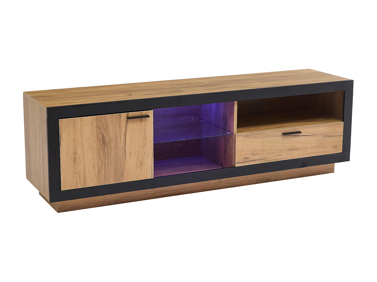 Mobile TV 160x40x50cm con 1 anta, 1 cassetto e ripiano in vetro, LED incluso, corpo in impiallacciatura effetto legno naturale chiaro