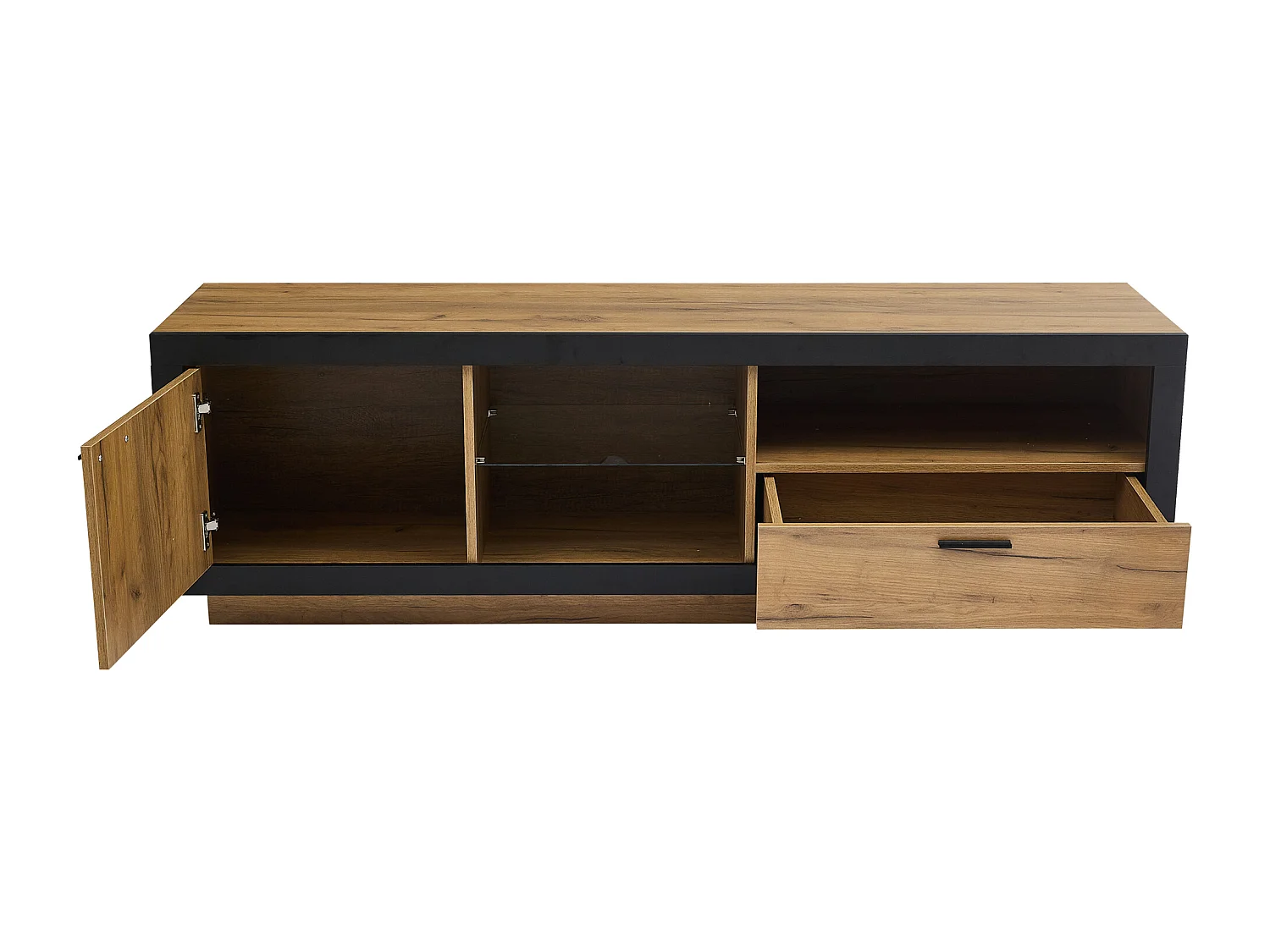 Mobile TV 160x40x50cm con 1 anta, 1 cassetto e ripiano in vetro, LED incluso, corpo in impiallacciatura effetto legno naturale chiaro