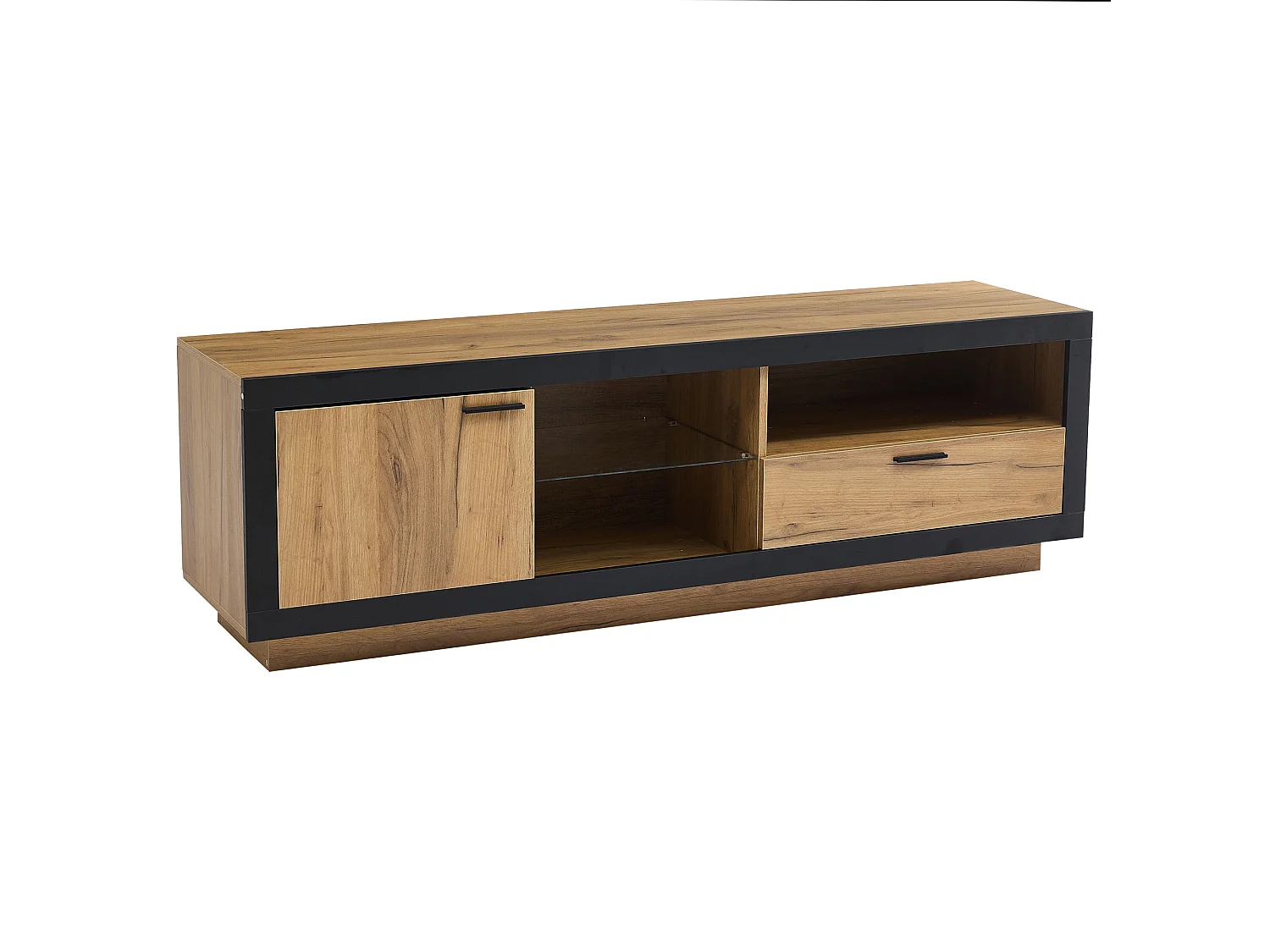 Mobile TV 160x40x50cm con 1 anta, 1 cassetto e ripiano in vetro, LED incluso, corpo in impiallacciatura effetto legno naturale chiaro