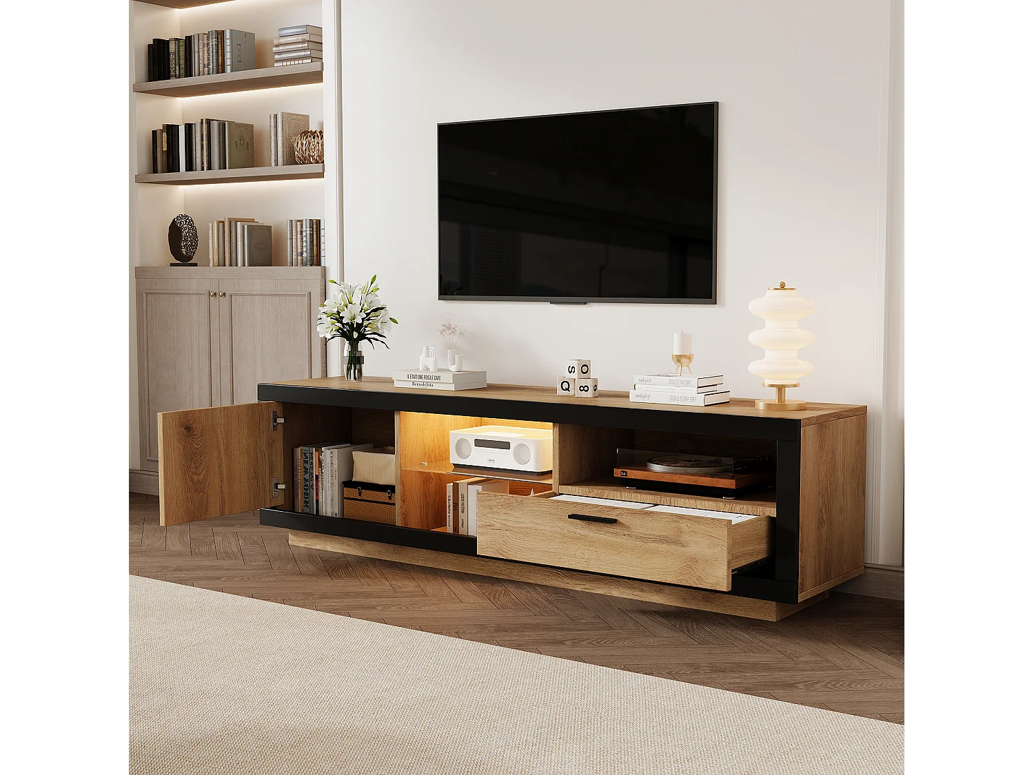 Meuble TV 160x40x50cm avec 1 porte, 1 tiroir et tablette en verre, LED inclus, corps en placage woodgrain naturel clair