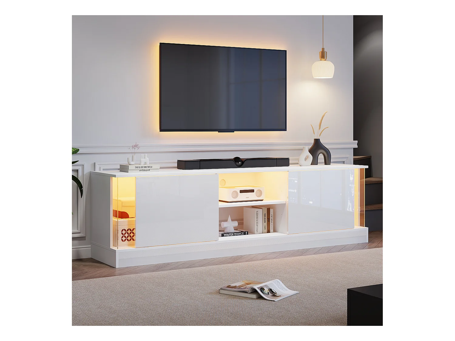 Meuble TV 176x38x50cm avec 2 portes et 2 niches, LED inclus, corps en blanc laqué