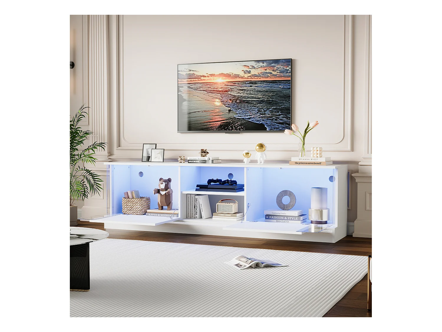 Meuble TV 176x38x50cm avec 2 portes et 2 niches, LED inclus, corps en blanc laqué