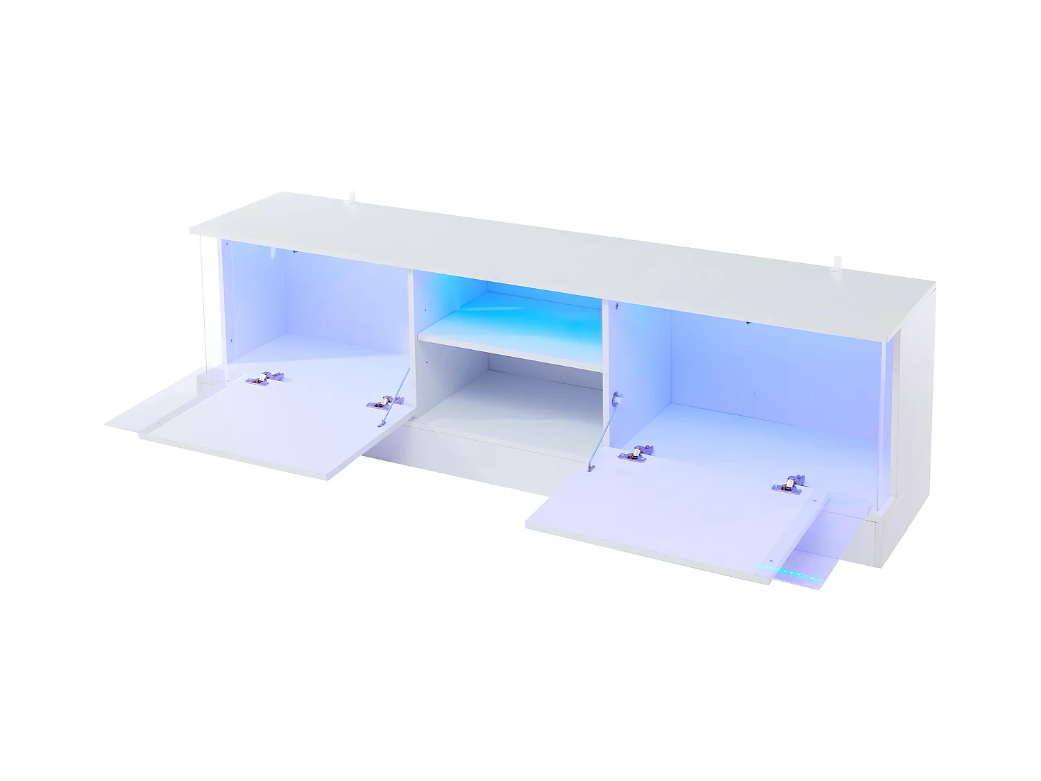 Meuble TV 176x38x50cm avec 2 portes et 2 niches, LED inclus, corps en blanc laqué