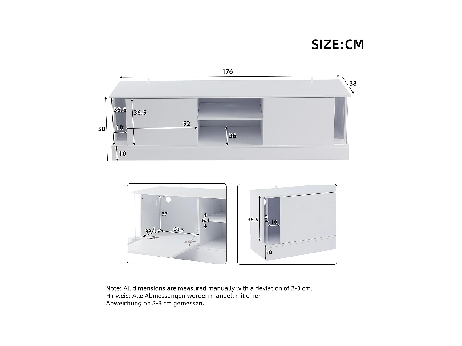 Meuble TV 176x38x50cm avec 2 portes et 2 niches, LED inclus, corps en blanc laqué