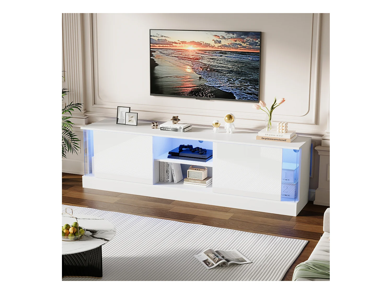 Meuble TV 176x38x50cm avec 2 portes et 2 niches, LED inclus, corps en blanc laqué
