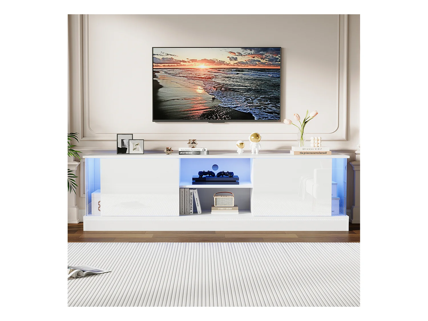 Meuble TV 176x38x50cm avec 2 portes et 2 niches, LED inclus, corps en blanc laqué