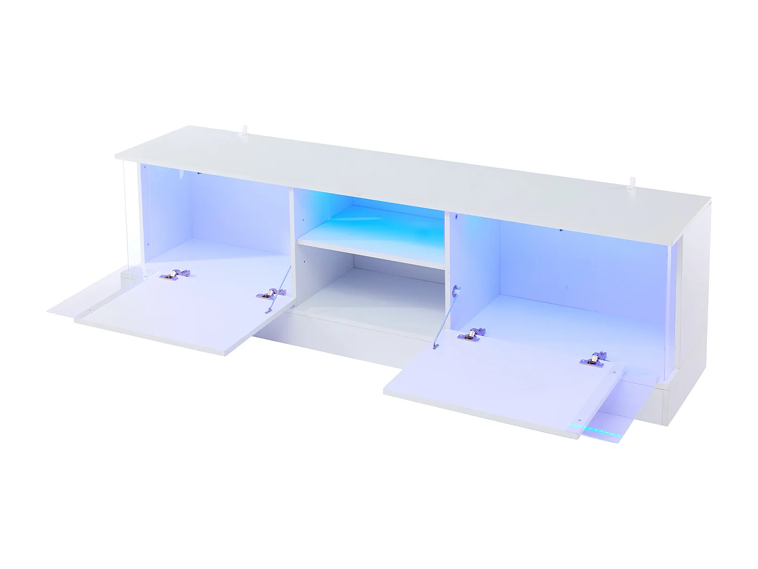 Meuble TV 176x38x50cm avec 2 portes et 2 niches, LED inclus, corps en blanc laqué