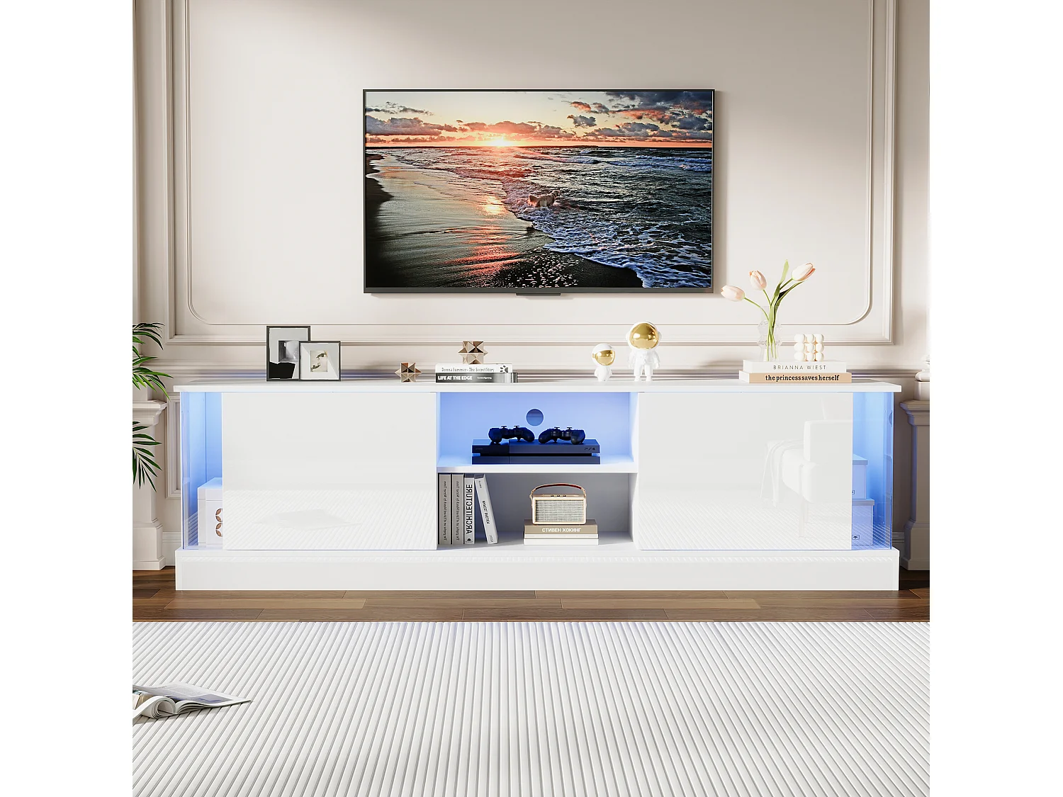Meuble TV 176x38x50cm avec 2 portes et 2 niches, LED inclus, corps en blanc laqué