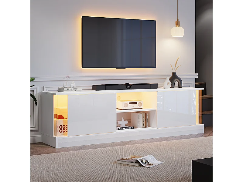 Mobile porta TV 176x38x50cm con 2 ante e 2 nicchie, LED incluso, corpo laccato bianco