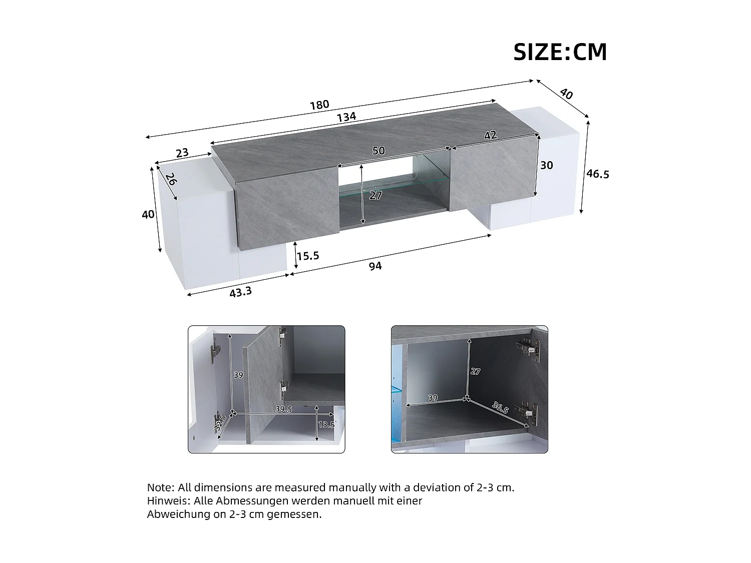 TV-meubel 180x40x46,5cm met 4 deuren en 1 glazen plank, LED inbegrepen, wit en grijs