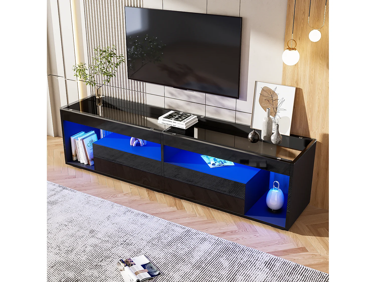 Móvel TV 180x40x46cm com 2 gavetas, LED incluído, corpo em lacado preto