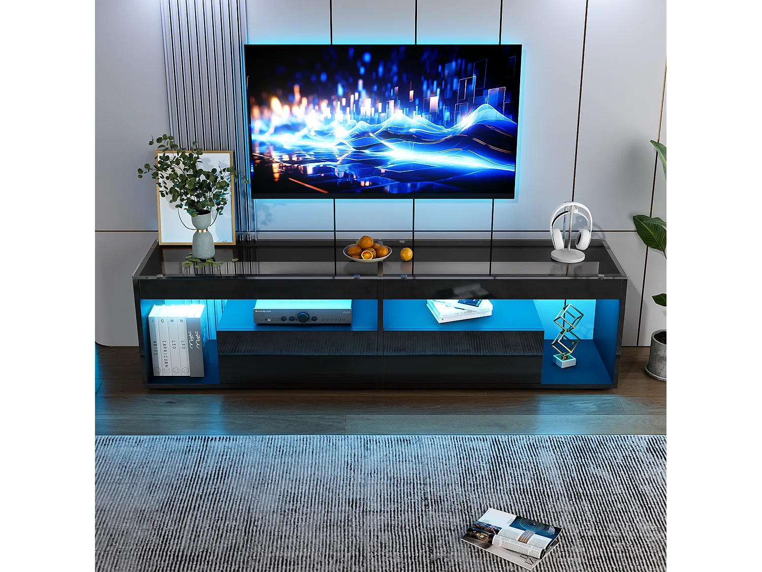 Móvel TV 180x40x46cm com 2 gavetas, LED incluído, corpo em lacado preto