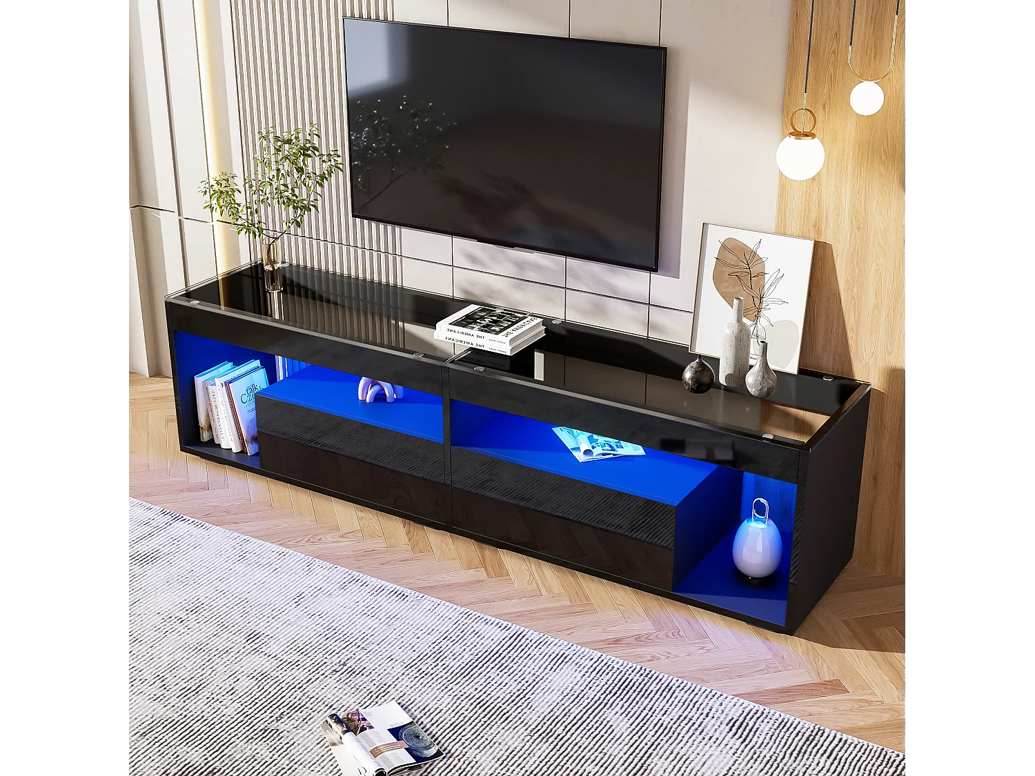 Móvel TV 180x40x46cm com 2 gavetas, LED incluído, corpo em lacado preto