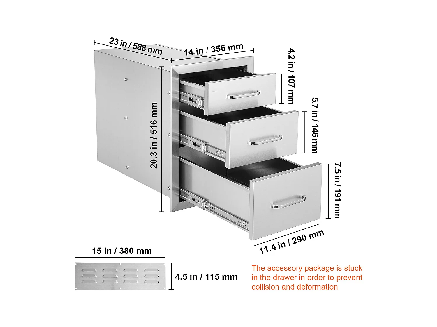 Tiroir à Triple Accès SucceBuy, Encastré Tiroir à Triple Hauteur Style Surélevé, 35,6 x 51,6 cm, Acier Inoxydable, pour Cuisiner à l'Extérieur Faire