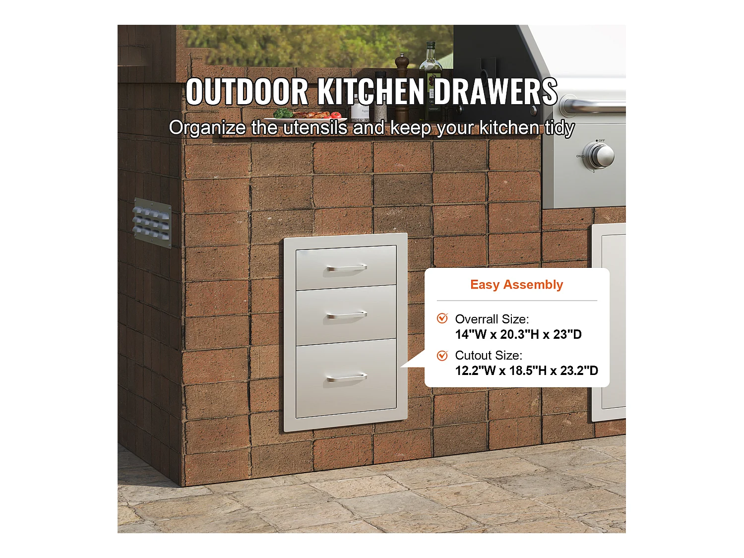 Tiroir à Triple Accès SucceBuy, Encastré Tiroir à Triple Hauteur Style Surélevé, 35,6 x 51,6 cm, Acier Inoxydable, pour Cuisiner à l'Extérieur Faire