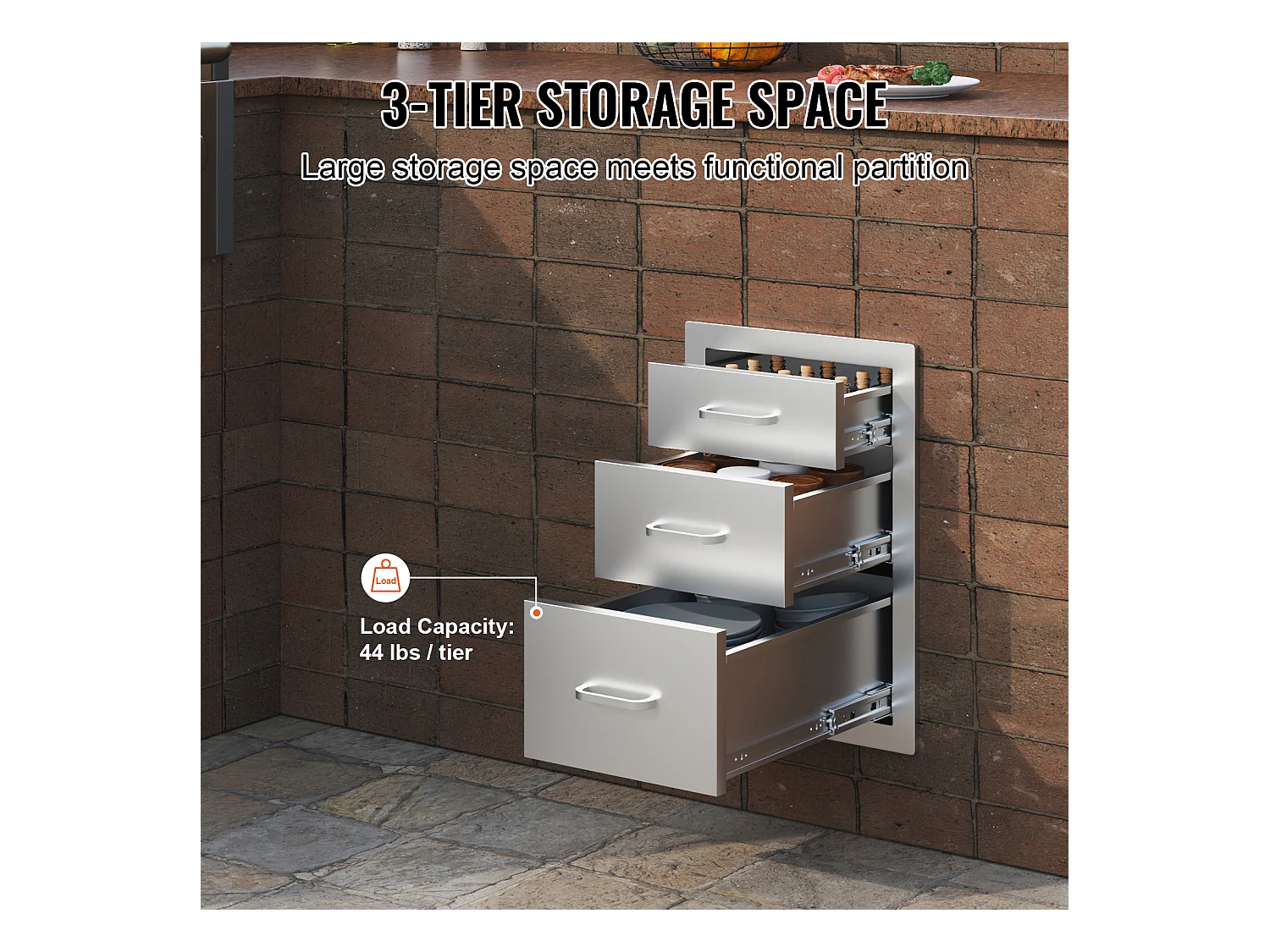 Tiroir à Triple Accès SucceBuy, Encastré Tiroir à Triple Hauteur Style Surélevé, 35,6 x 51,6 cm, Acier Inoxydable, pour Cuisiner à l'Extérieur Faire