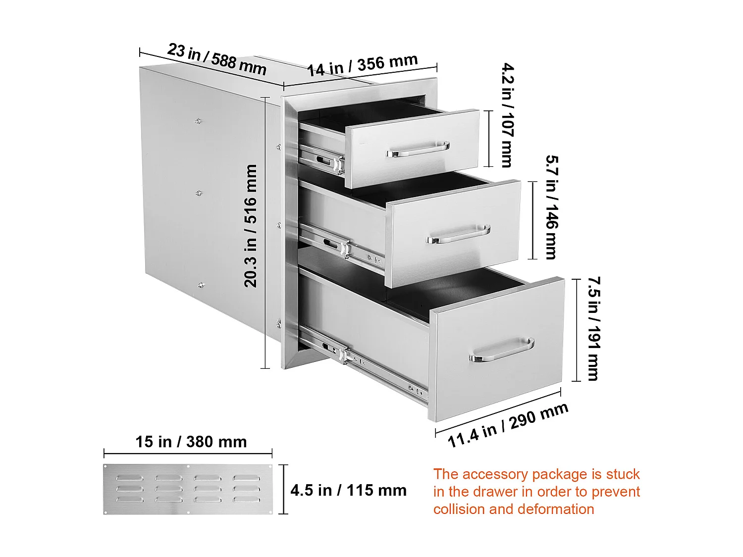 Tiroir à Triple Accès SucceBuy, Encastré Tiroir à Triple Hauteur Style Surélevé, 35,6 x 51,6 cm, Acier Inoxydable, pour Cuisiner à l'Extérieur Faire