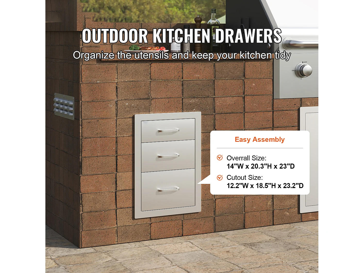 Tiroir à Triple Accès SucceBuy, Encastré Tiroir à Triple Hauteur Style Surélevé, 35,6 x 51,6 cm, Acier Inoxydable, pour Cuisiner à l'Extérieur Faire