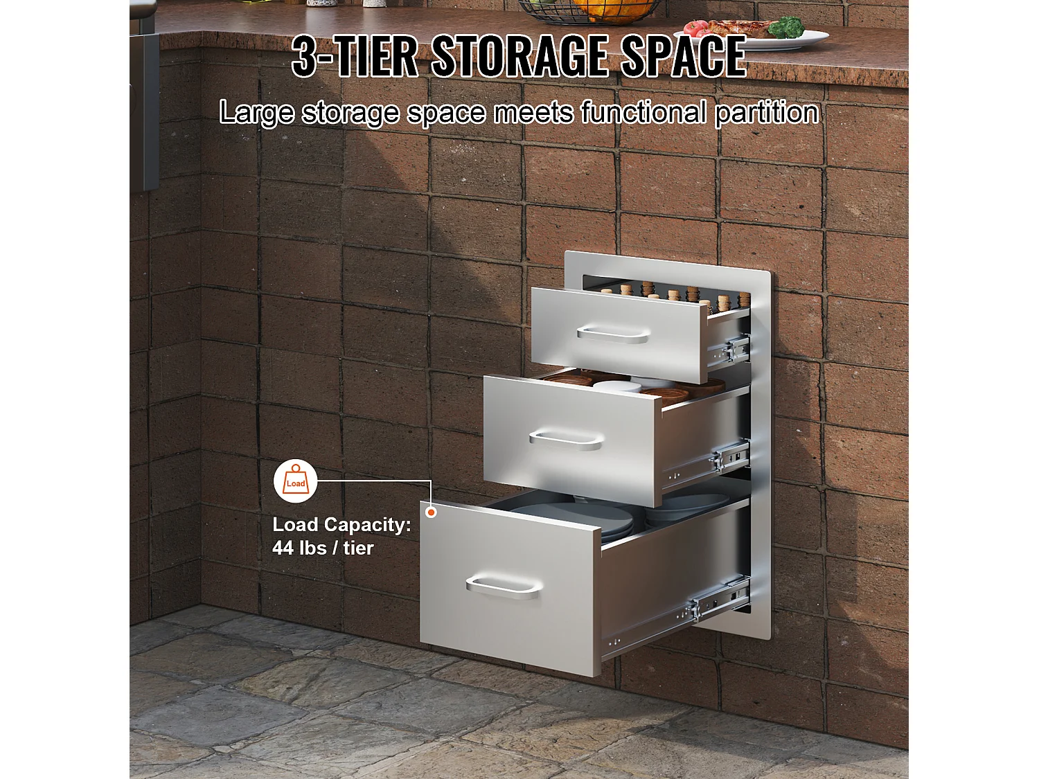 Tiroir à Triple Accès SucceBuy, Encastré Tiroir à Triple Hauteur Style Surélevé, 35,6 x 51,6 cm, Acier Inoxydable, pour Cuisiner à l'Extérieur Faire