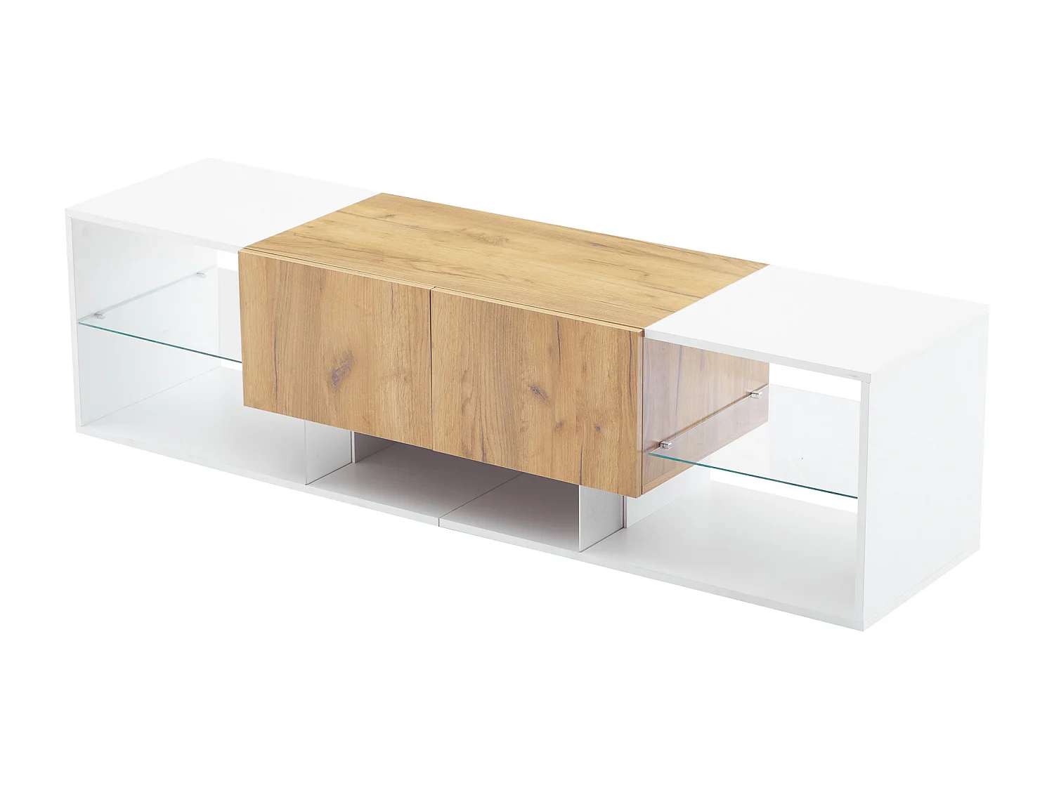 Meuble TV 160x40x42cm avec 2 tiroirs et 2 tablettes en verre, LED inclus, corps en placage woodgrain et blanc laqué