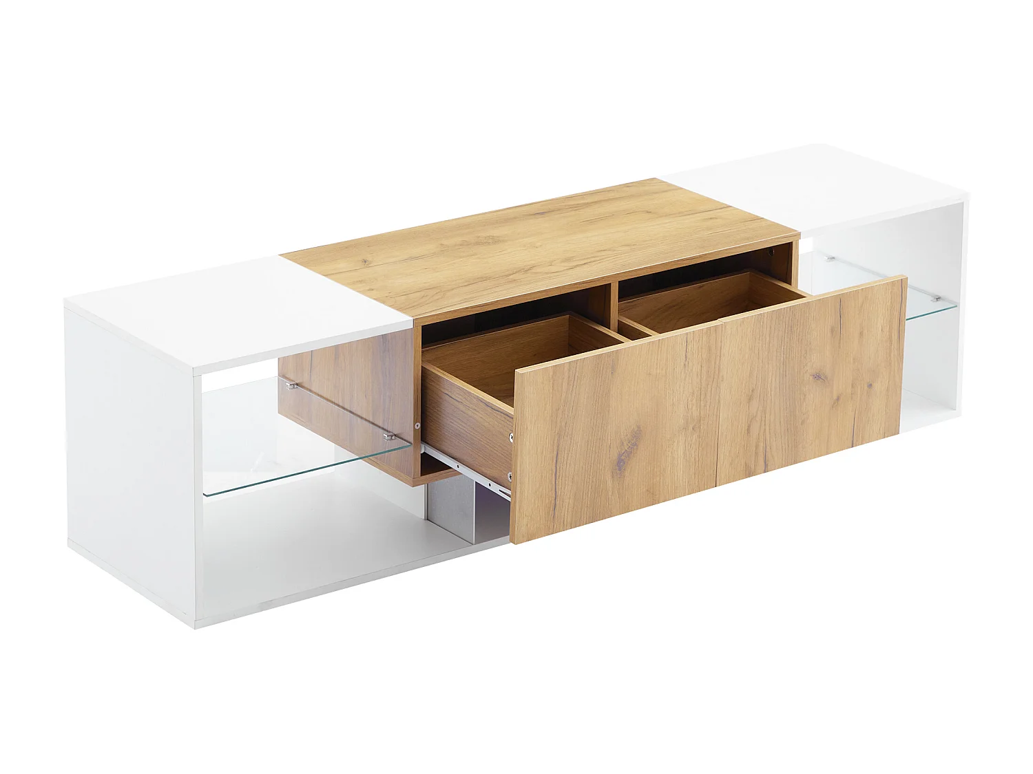 Meuble TV 160x40x42cm avec 2 tiroirs et 2 tablettes en verre, LED inclus, corps en placage woodgrain et blanc laqué